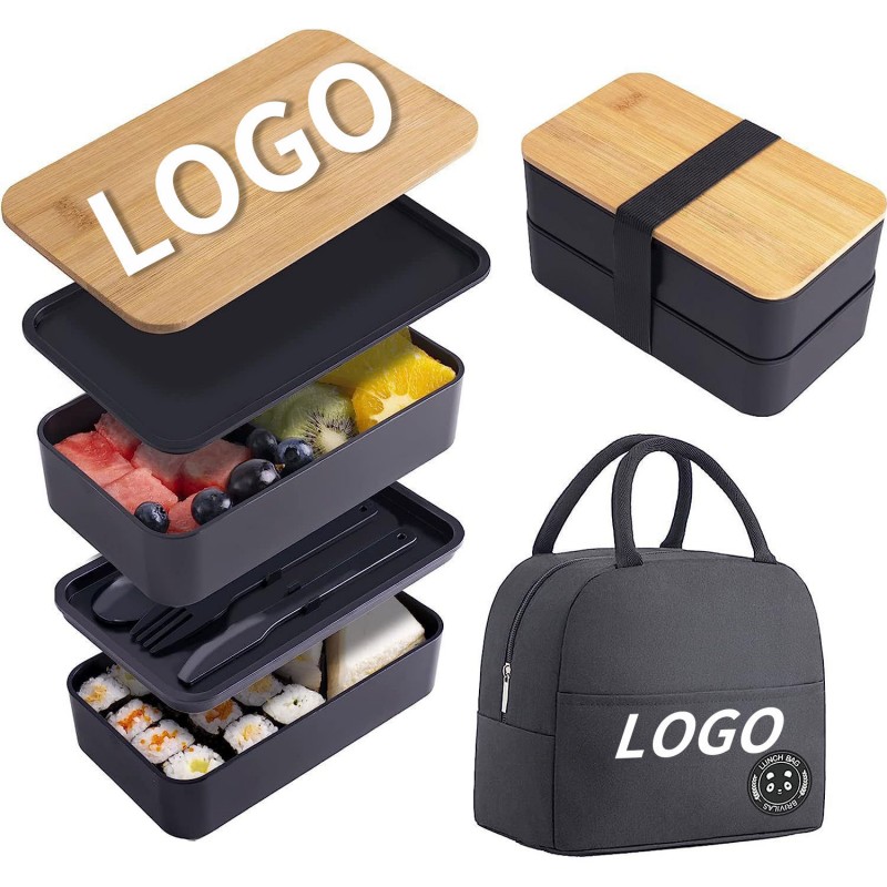 Set Box Lunch Box Bento Tutup Bambu Lapisan Ganda