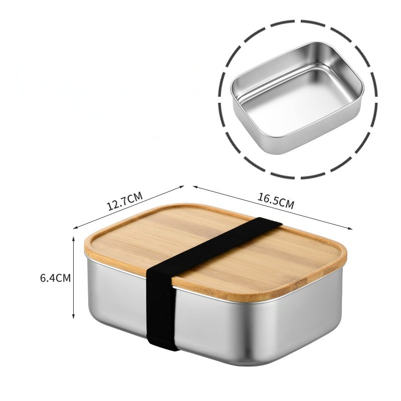 Kothak Makan Siang Stainless Steel kanthi Tutup Bambu