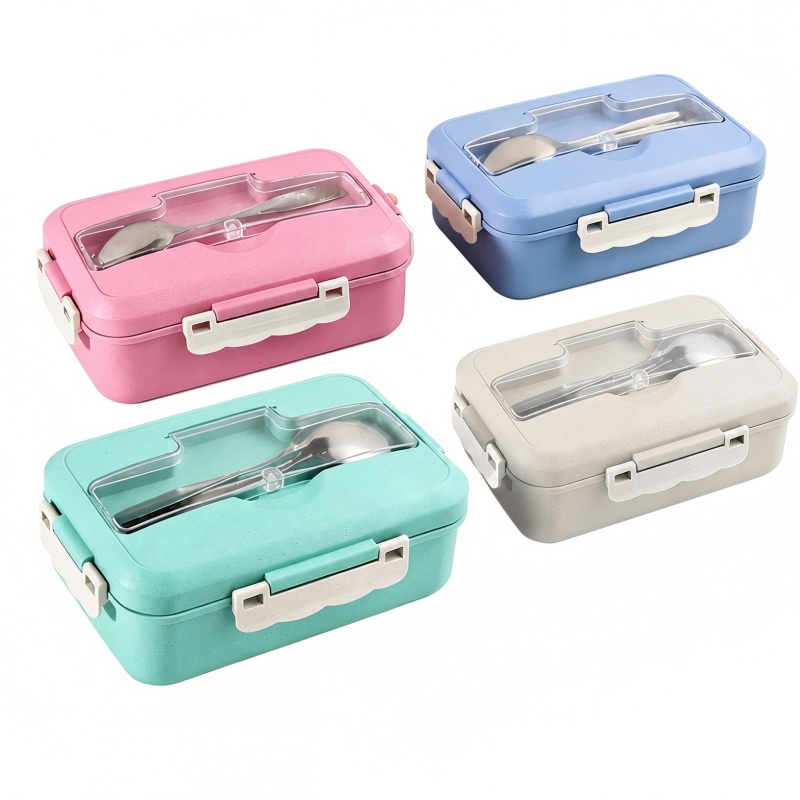 Kothak Bento Sedotan Gandum Kanthi Sendok Garpu Stainless Steel